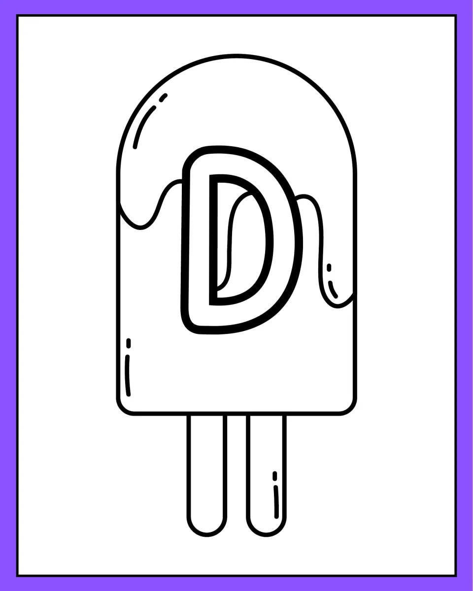 Alphabet coloring page 4: uppercase D on a two-stick ice pop, part of the summer-themed alphabet set.