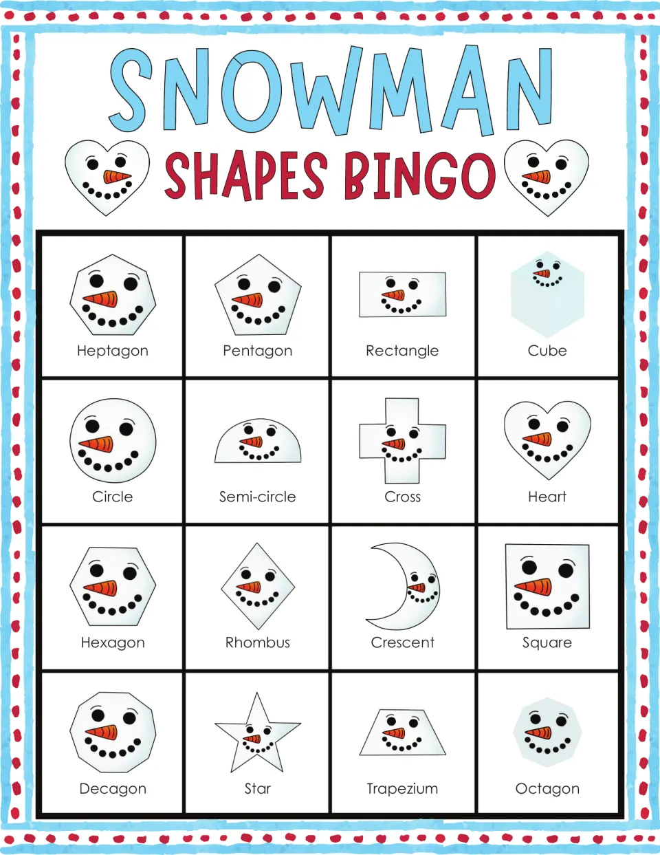 Snowman Shapes Bingo card 1: students mark 16 named snowman-face shapes, from heptagon and pentagon to cube and octagon