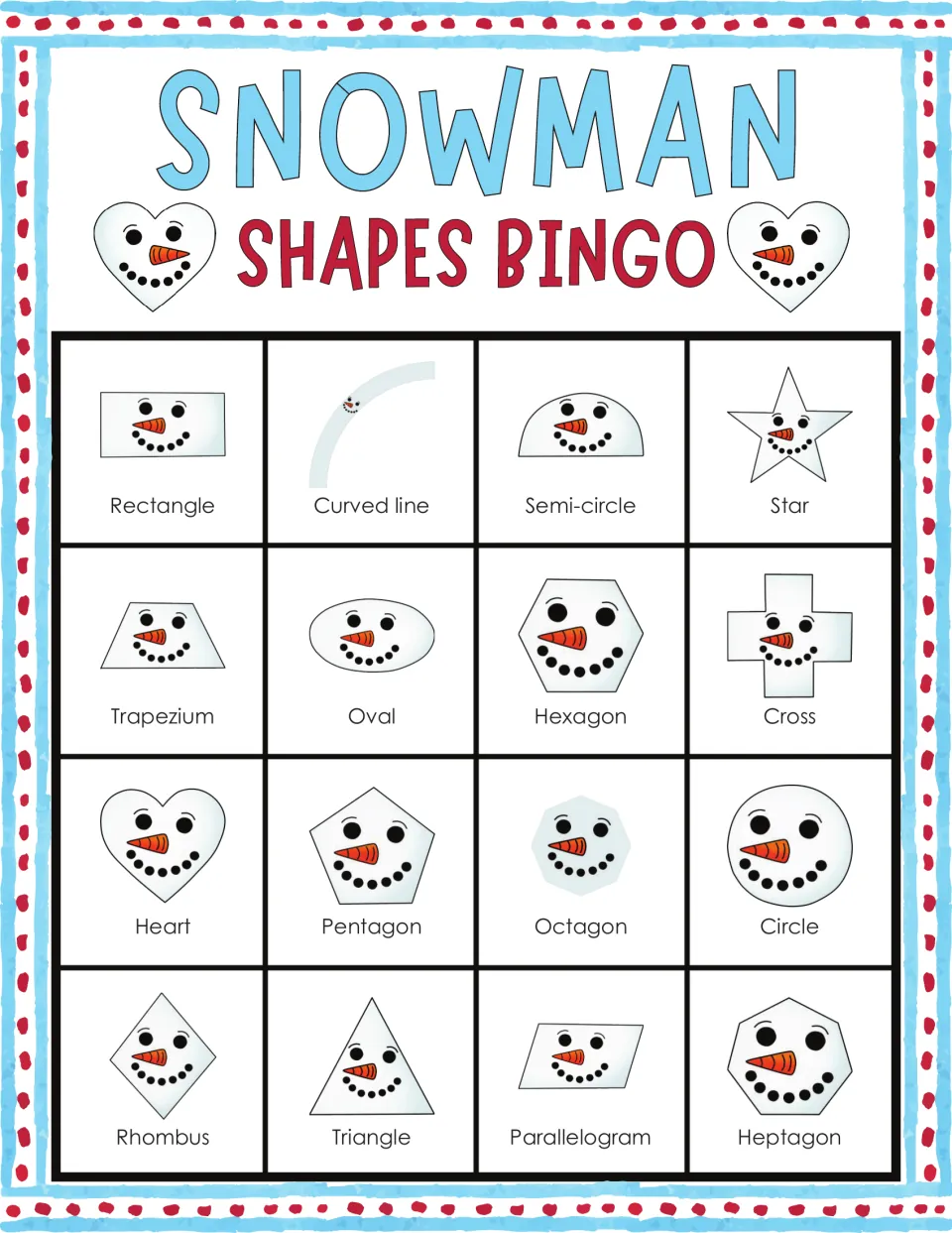 Snowman bingo card 2: shape recognition with 16 labeled faces, including curved line, oval, triangle and parallelogram