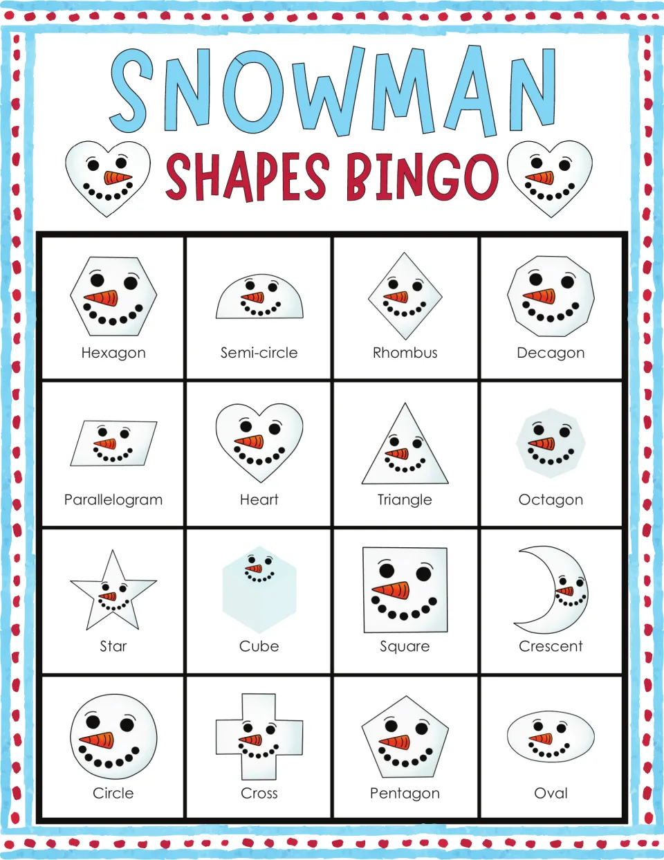 Snowman bingo card 3: players spot named 2D shapes such as hexagon, semi-circle, rhombus, decagon, cube and crescent