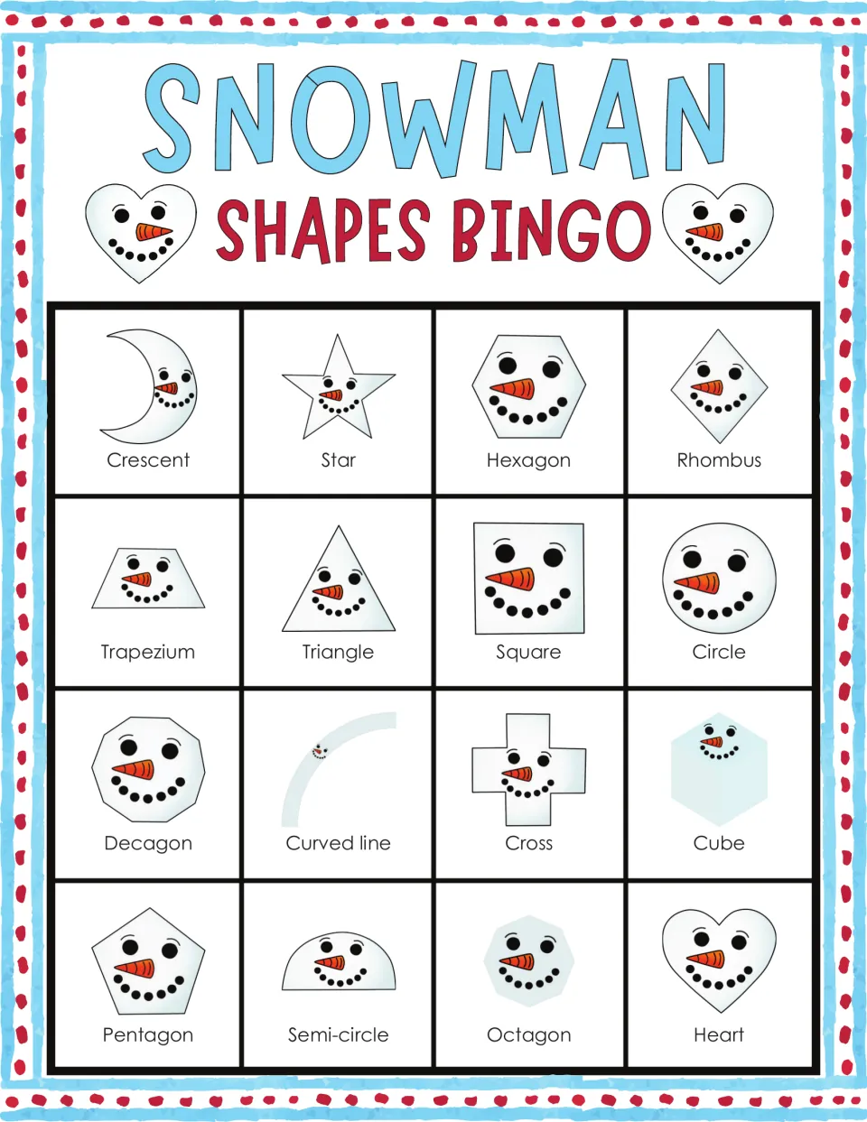 Snowman bingo card 4: shape-naming game card opening with crescent, star, hexagon and rhombus and ending with heart