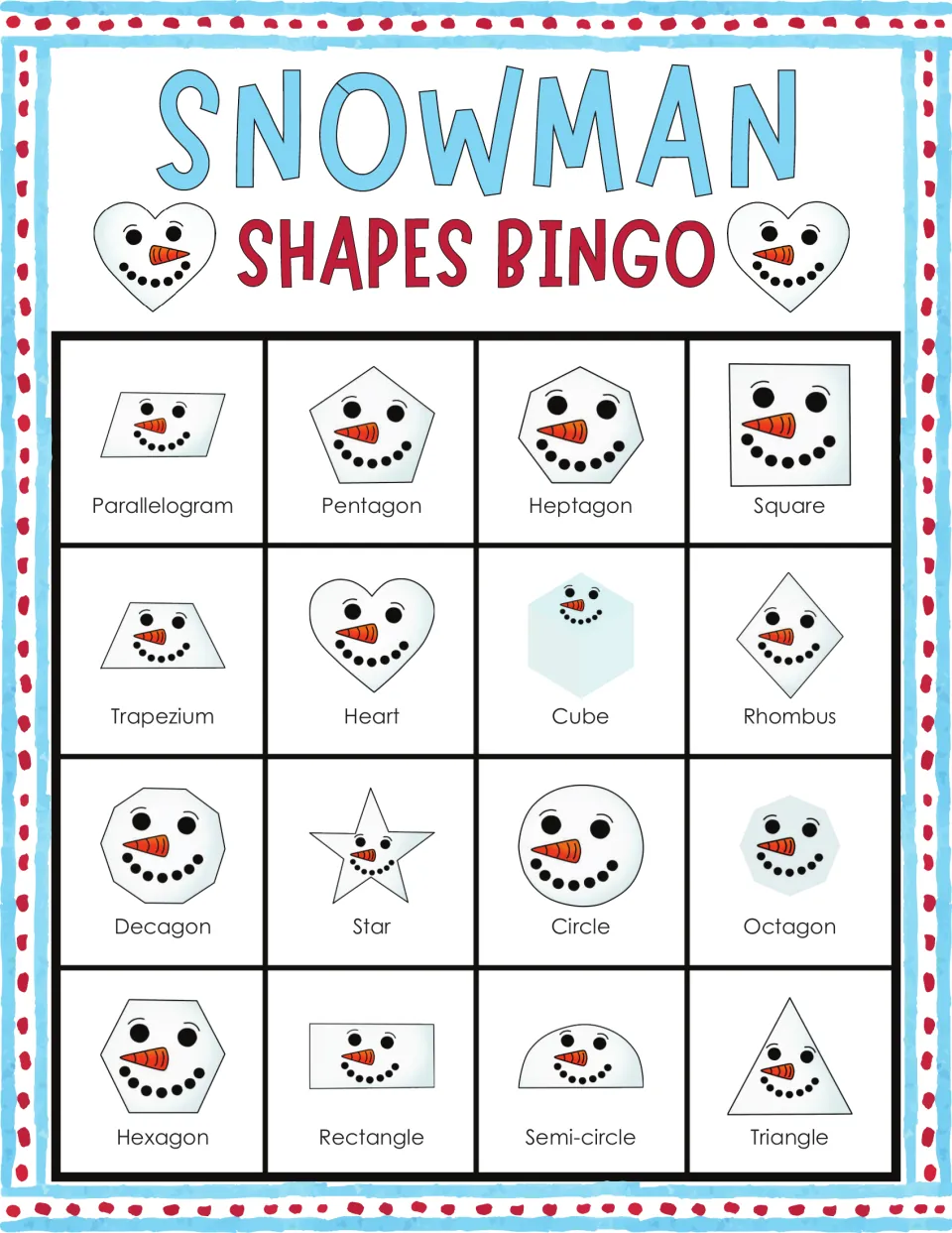 Snowman bingo card 6: shape identification card beginning parallelogram, pentagon, heptagon, square; ends with triangle