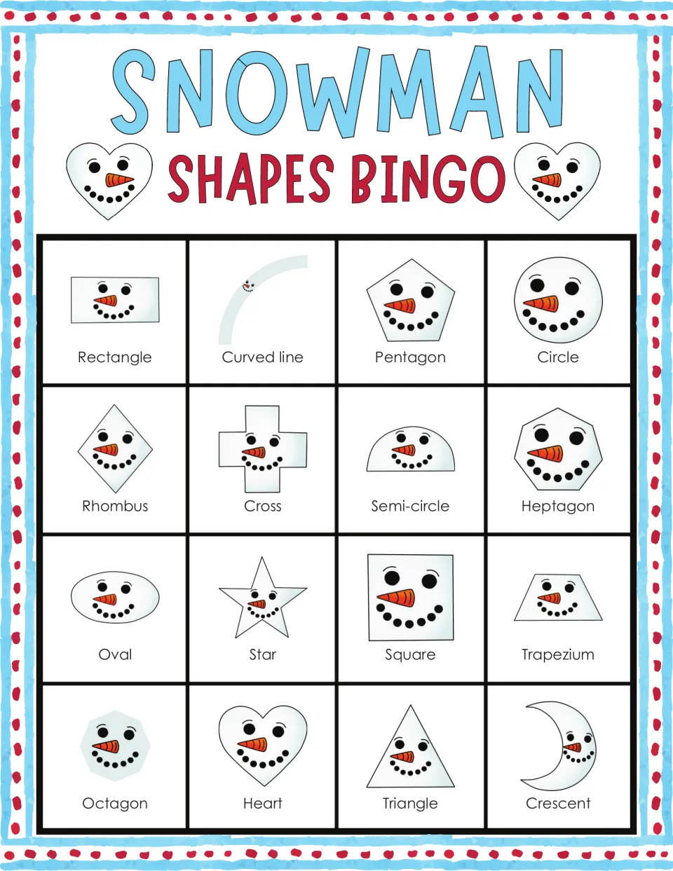 Snowman bingo card 8: naming flat shapes such as rectangle, curved line, pentagon, circle, star, square and crescent