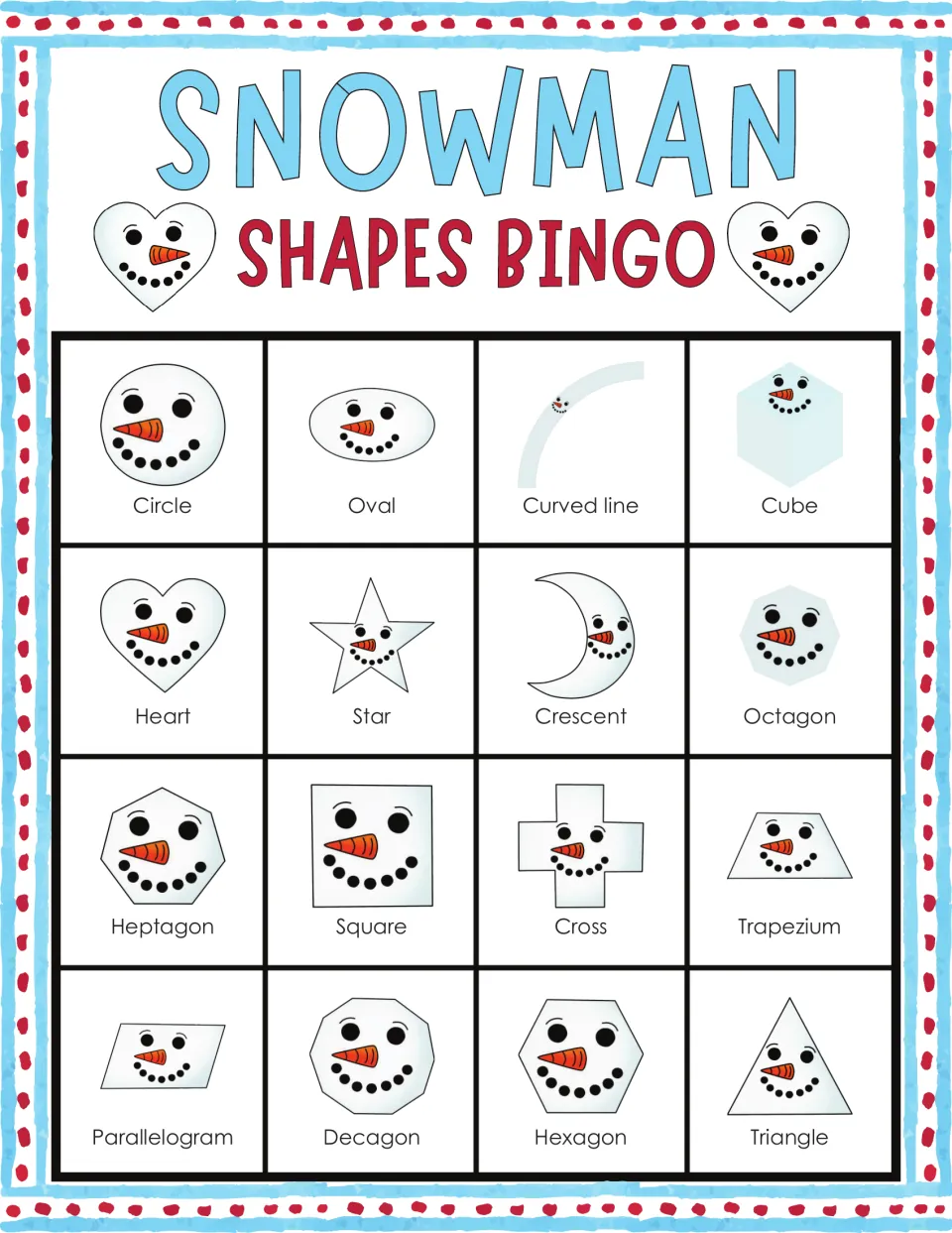 Snowman bingo card 9: shape vocabulary game card starting circle, oval, curved line, cube and closing on triangle