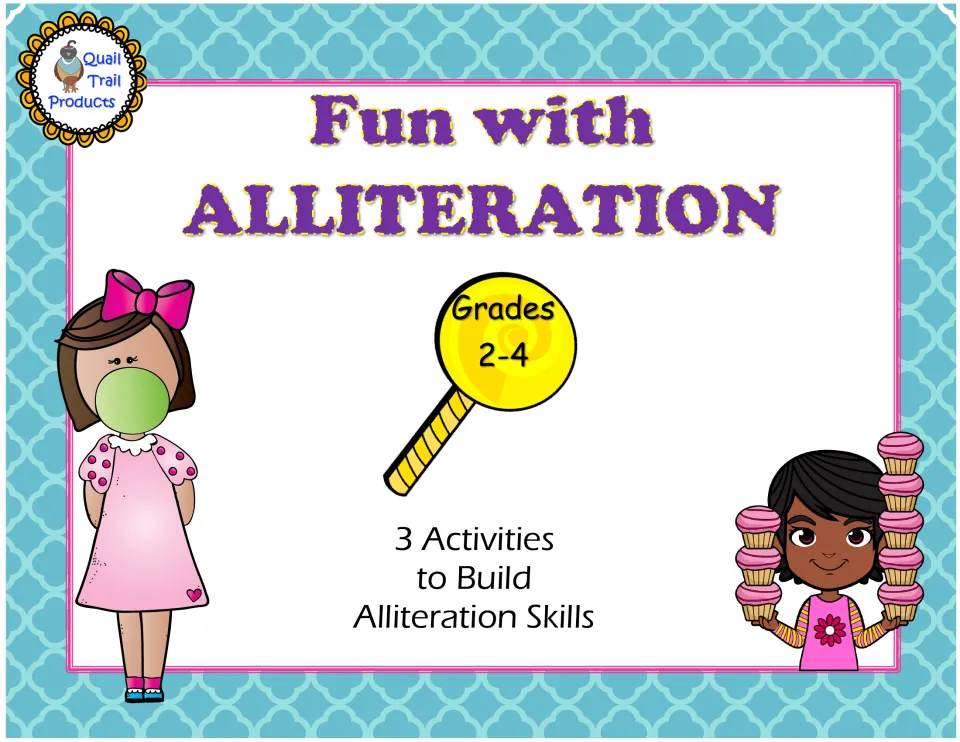 Cover: Fun with Alliteration, three alliteration activities, with a girl blowing bubble gum and a girl holding cupcakes