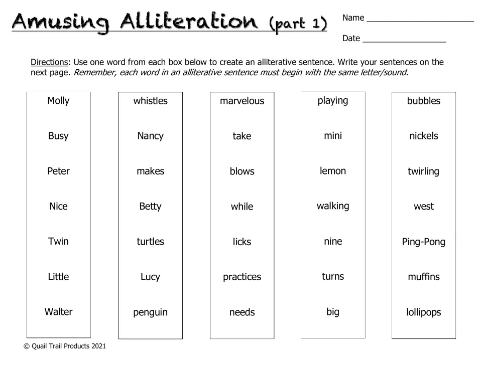 Amusing Alliteration part 1: students pick a word from each of 5 lists to build sentences with the same starting sound
