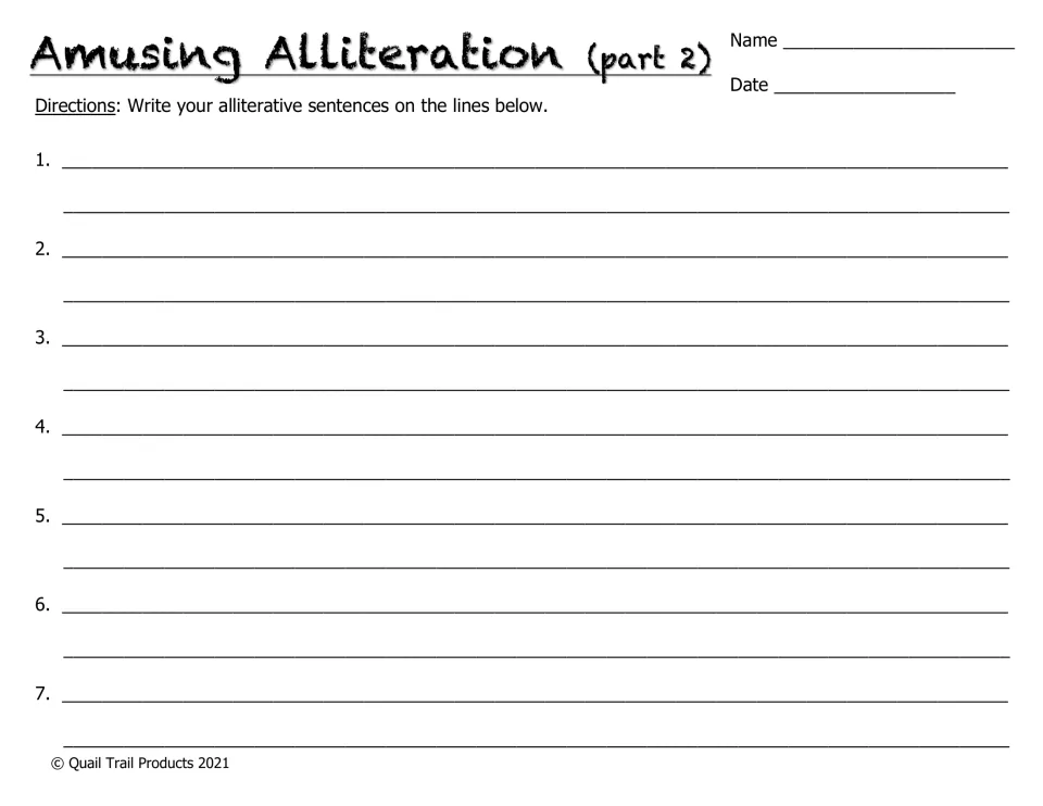 Amusing Alliteration part 2: students write seven alliterative sentences from the part 1 word lists