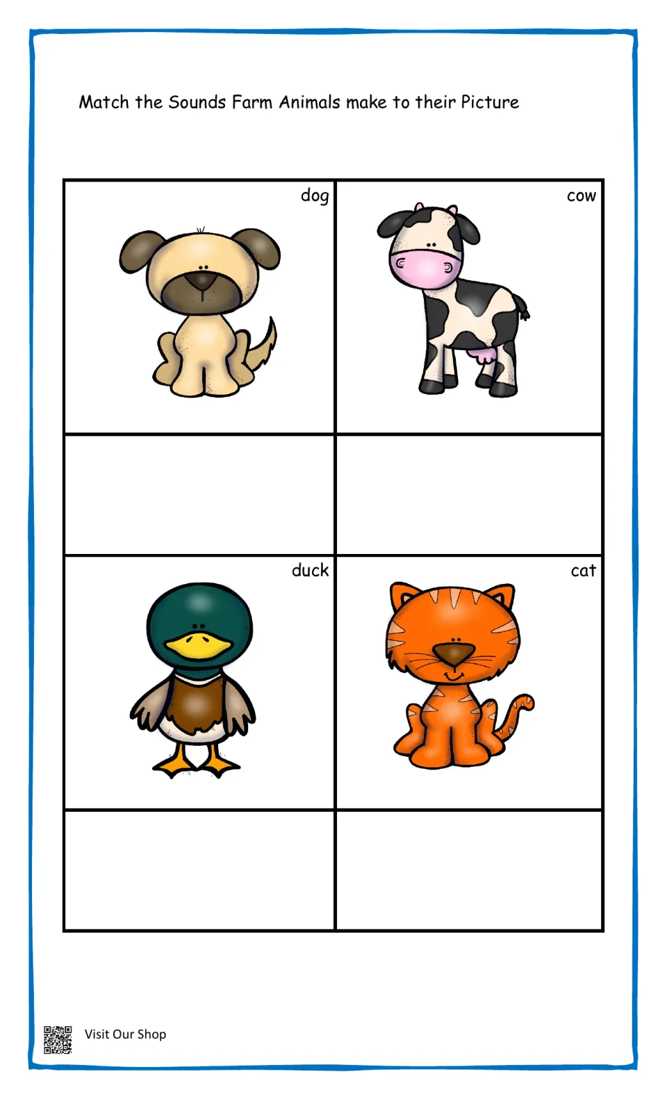 Farm animal sounds: students match a sound to pictures of a dog, cow, duck and cat, writing it in the space below