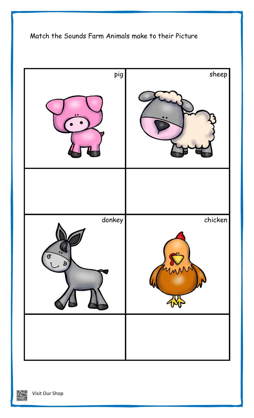 Farm animal sounds matching: students pair each sound with pictures of a pig, sheep, donkey and chicken