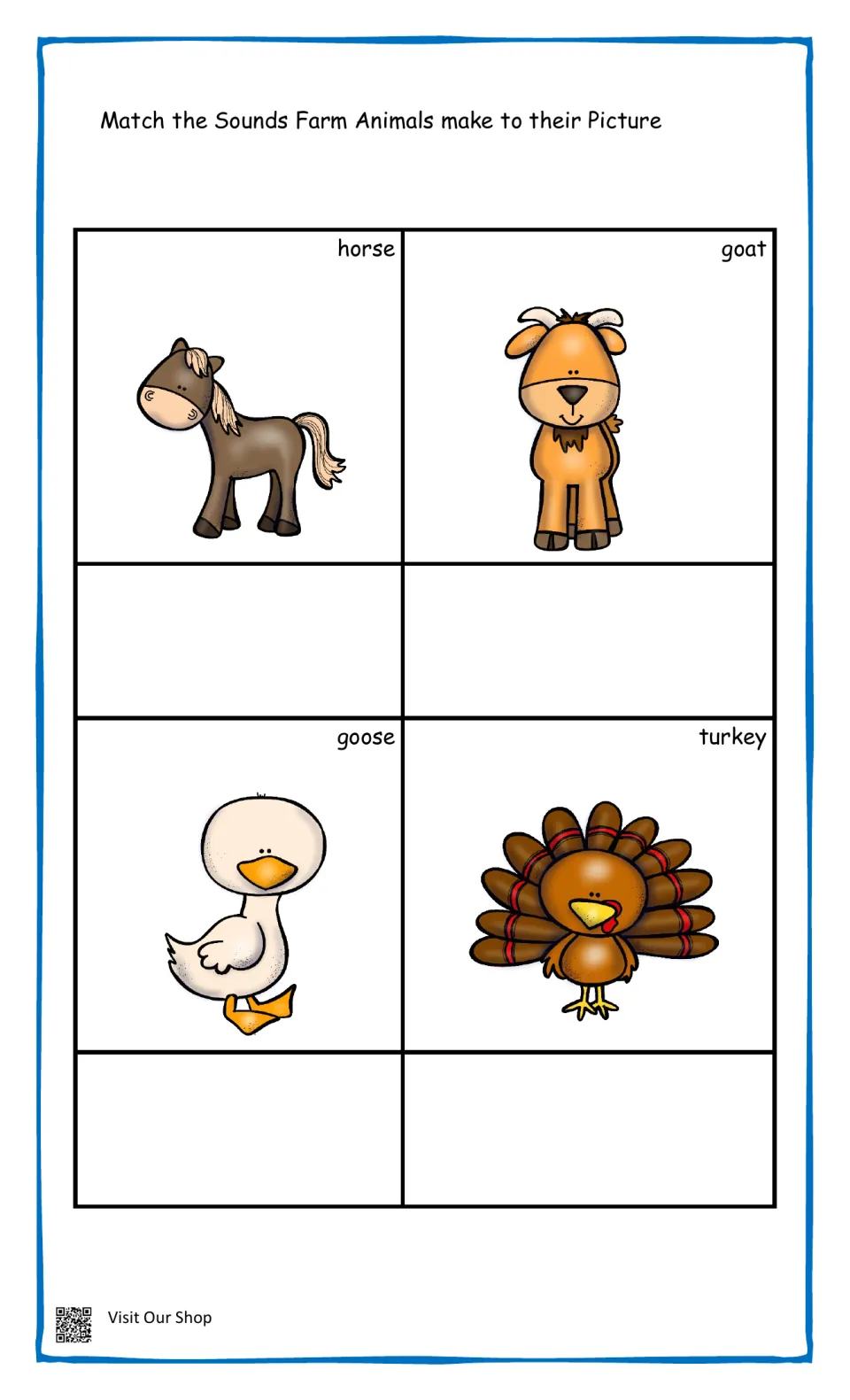 Farm animals set three: students match the sound each animal makes to pictures of a horse, goat, goose and turkey