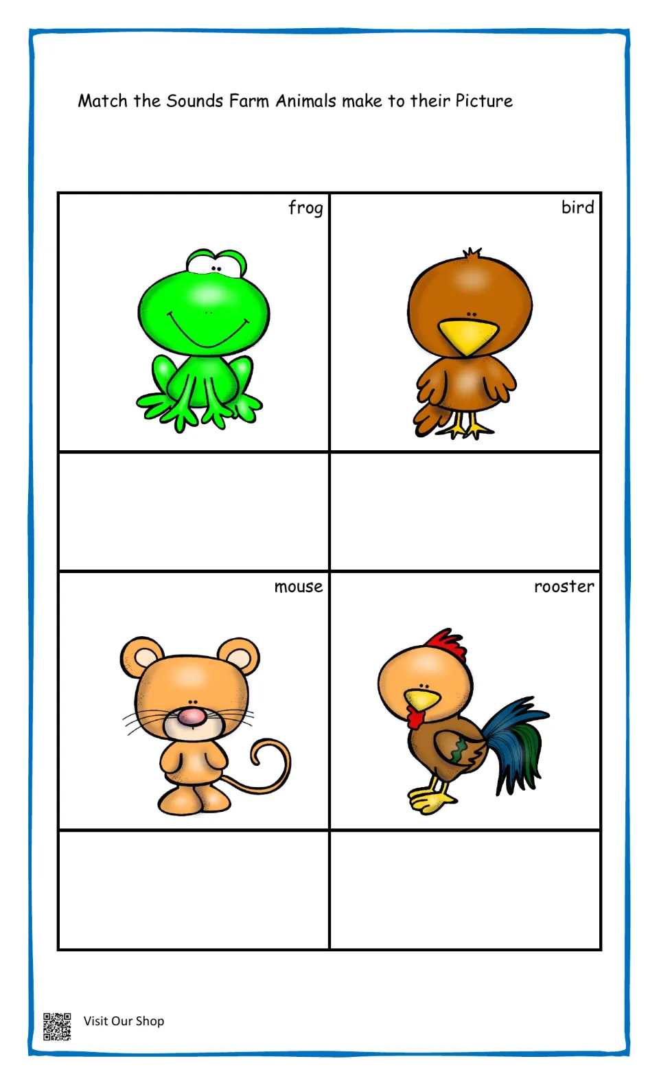 Farm animals set four: students match sounds to pictures of a frog, bird, mouse and rooster, writing each below