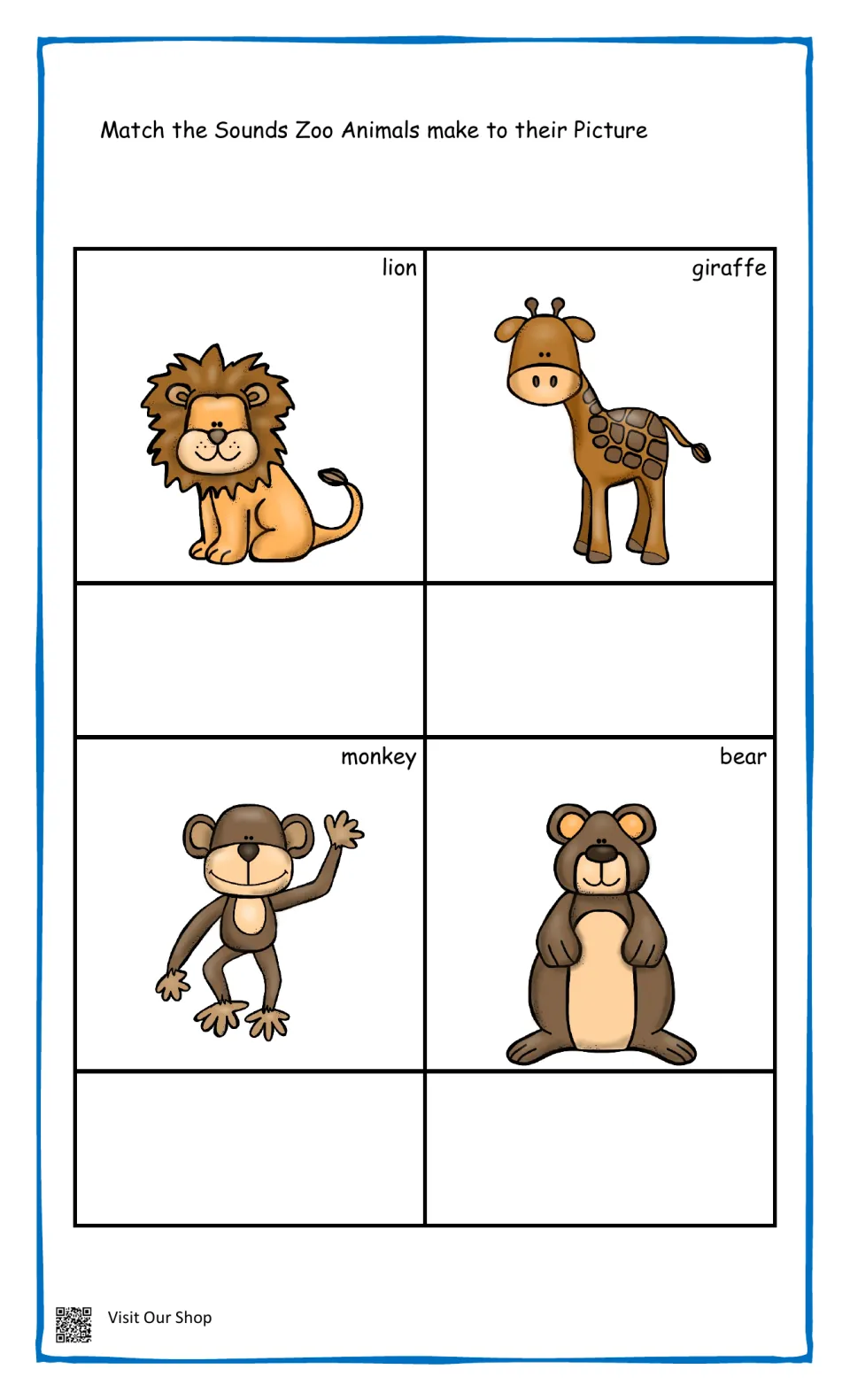 Zoo animal sounds: students match the sound each animal makes to labeled pictures of a lion, giraffe, monkey and bear