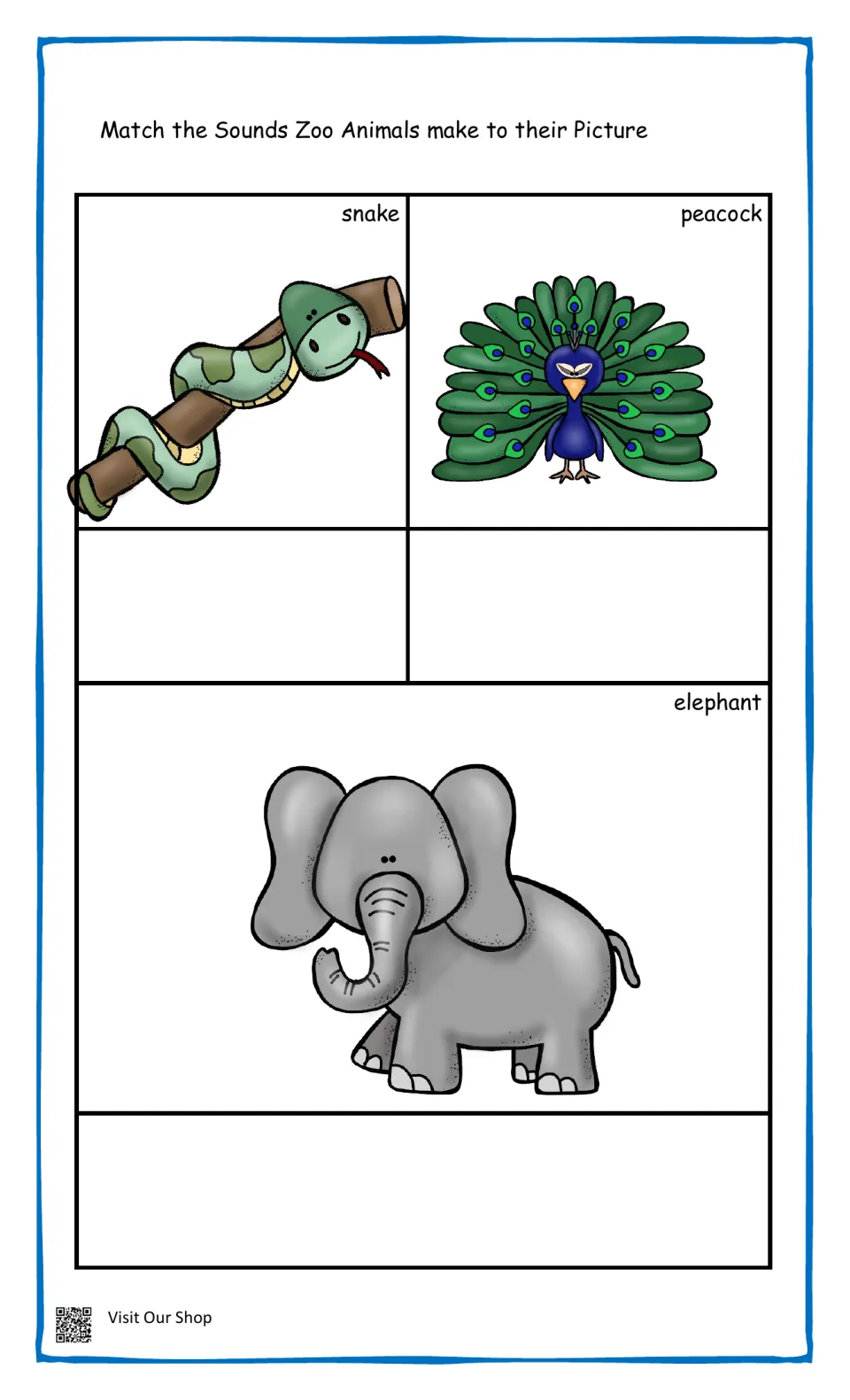 Zoo animals matching: students write the sound below pictures of a snake, a peacock and a large elephant