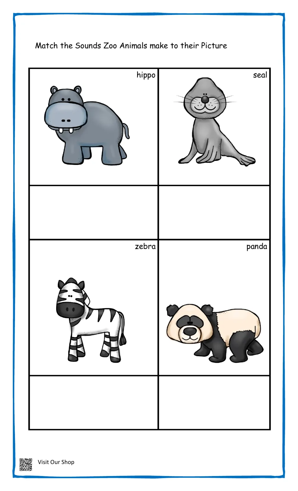 Zoo animals set three: students match the sounds made by a hippo, seal, zebra and panda to each labeled picture