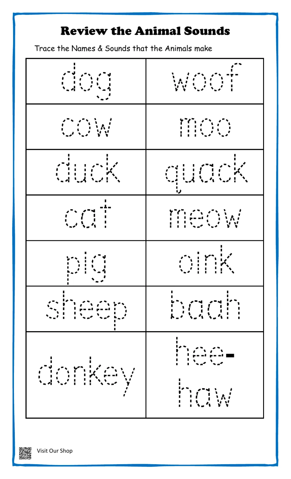 Review the Animal Sounds: students trace dotted animal names and sounds, from dog/woof and cow/moo through donkey/hee-haw
