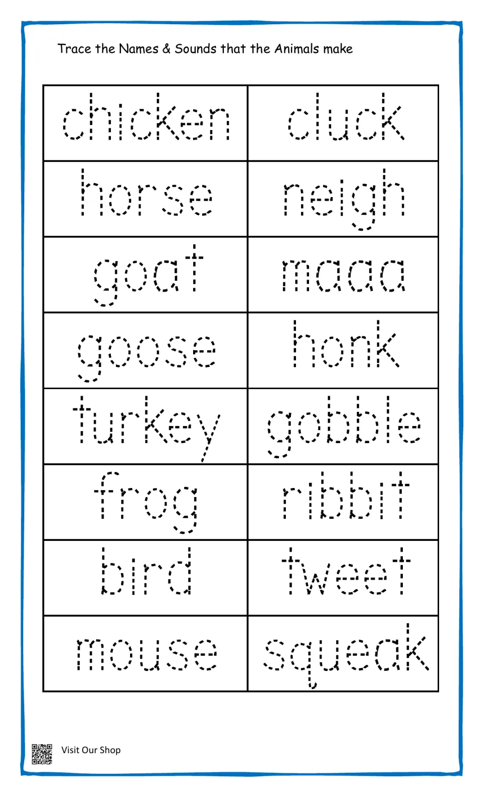 Animal names and sounds, part two: students trace chicken/cluck, horse/neigh, turkey/gobble and mouse/squeak