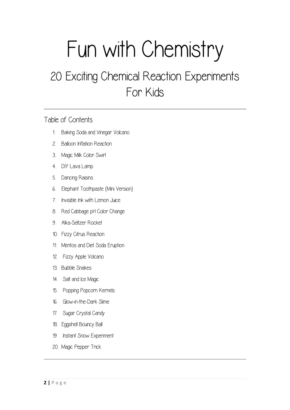 Table of contents listing all 20 experiments, from Baking Soda and Vinegar Volcano through Magic Pepper Trick
