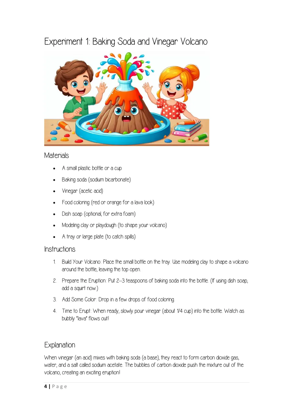Baking soda and vinegar volcano: materials, four steps to build a clay volcano and erupt it, and an acid-base explanation