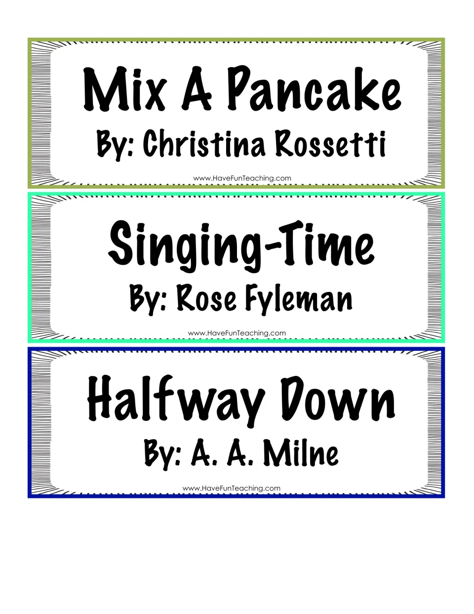 Poetry title-and-author cards 1–3: Mix A Pancake, Singing-Time, and Halfway Down