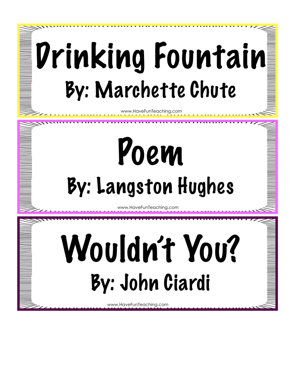 Poetry title-and-author cards 4–6: Drinking Fountain, Poem, and Wouldn’t You?