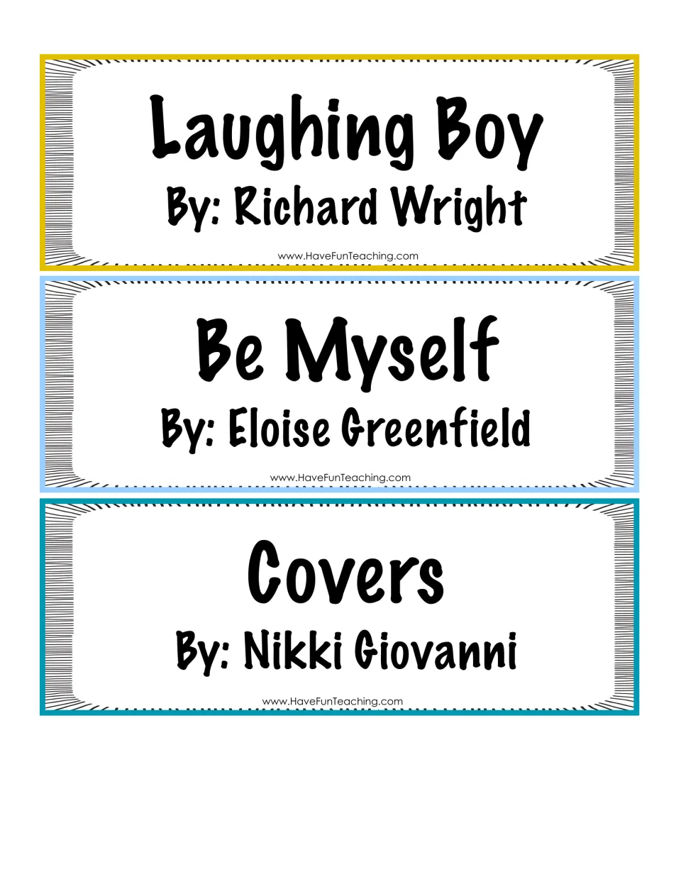 Poetry title-and-author cards 7–9: Laughing Boy, Be Myself, and Covers