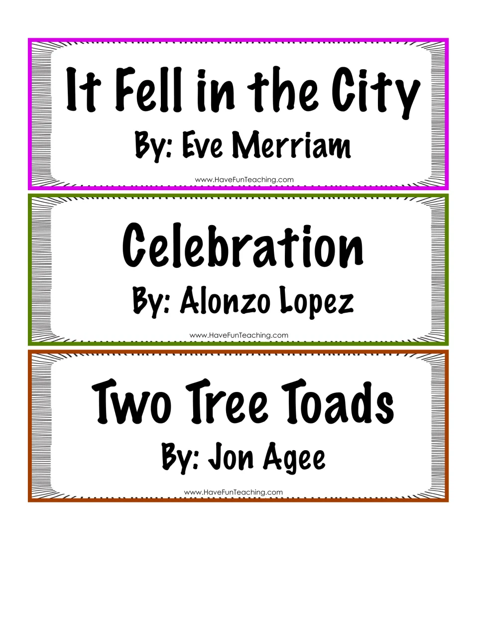 Poetry title-and-author cards 10–12: It Fell in the City, Celebration, and Two Tree Toads