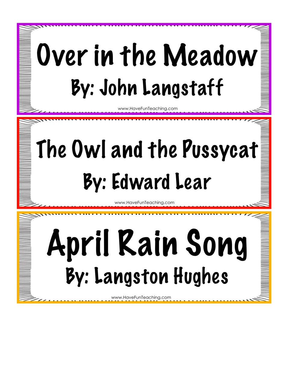 Poetry title-and-author cards 13–15: Over in the Meadow, The Owl and the Pussycat, and April Rain Song