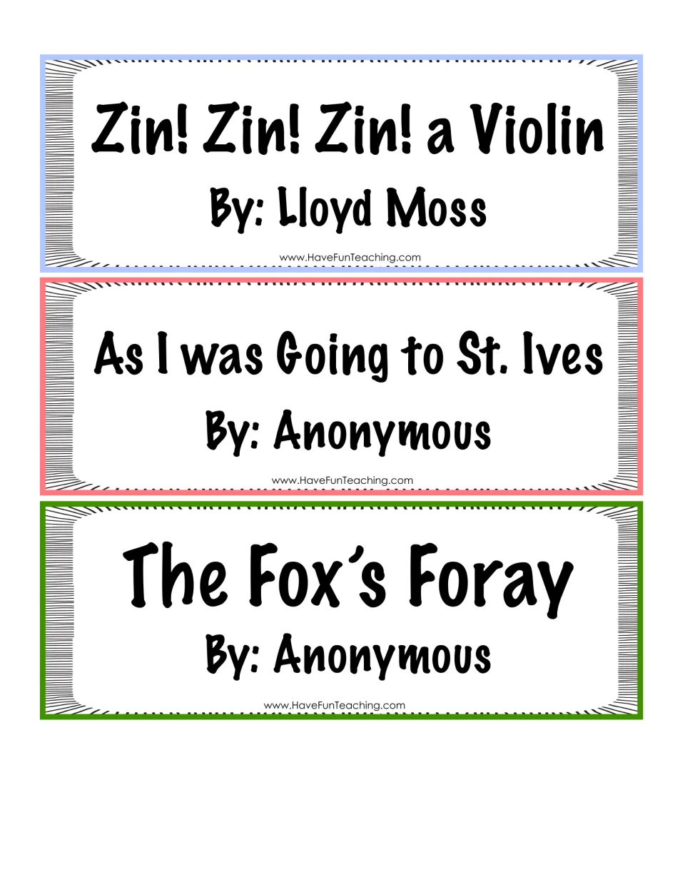 Poetry cards 16–18: Zin! Zin! Zin! a Violin, As I was Going to St. Ives, and The Fox’s Foray, with authors