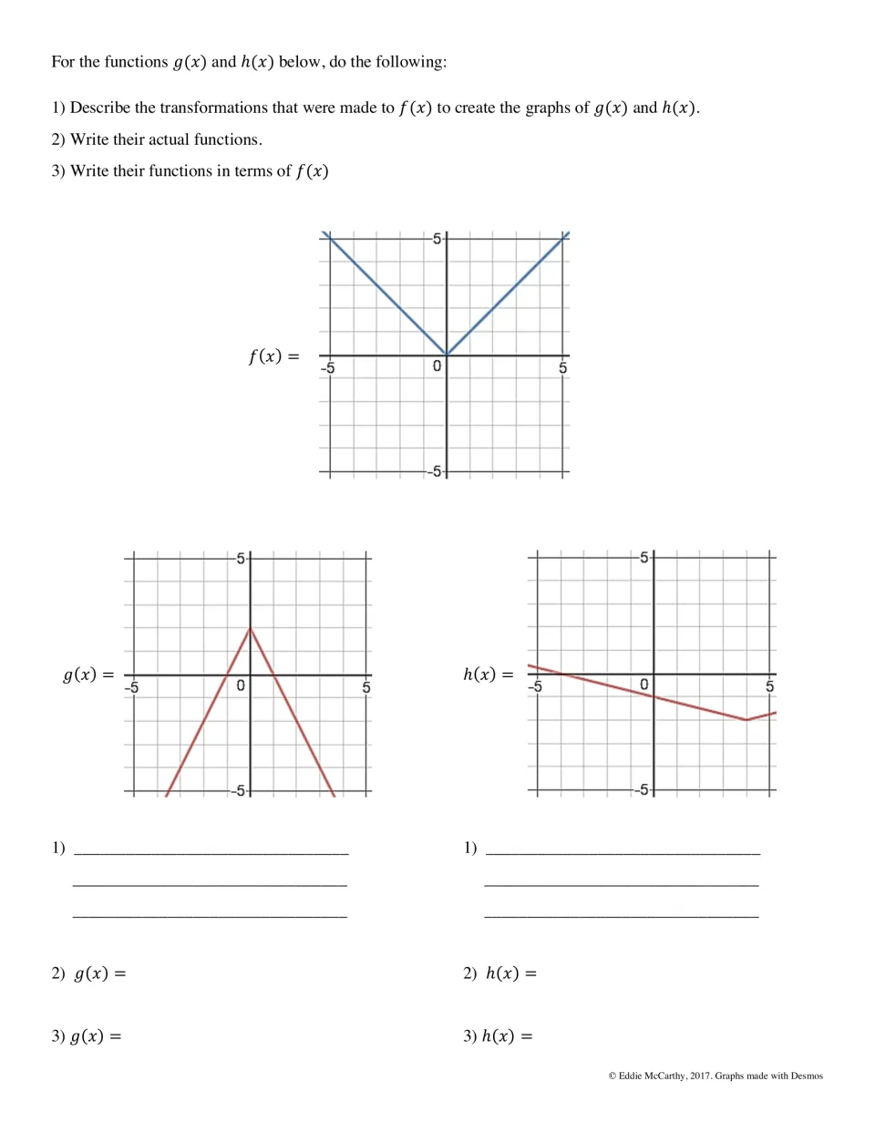 Reading graphs: students describe how an absolute value f(x) became g(x) and h(x), then write both equations two ways