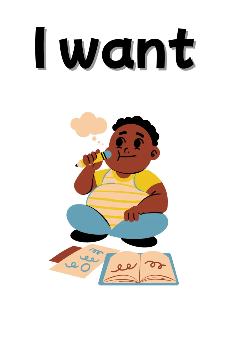 I want card for making requests: a child sits cross-legged, pencil to chin, thought bubble overhead, by an open book