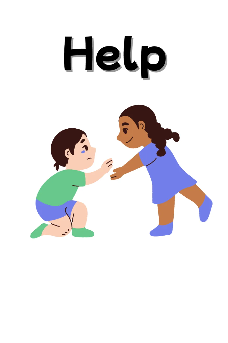 Help card for asking for assistance: a girl in a blue dress reaches out her hands to a crying child kneeling on the ground