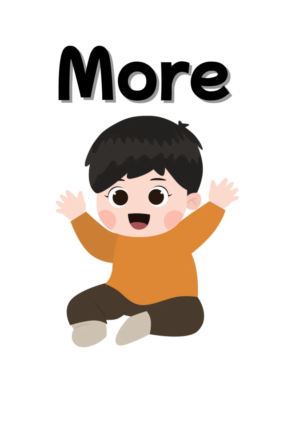 More card for requesting more of something: a happy boy in an orange sweater sits on the floor with both arms raised