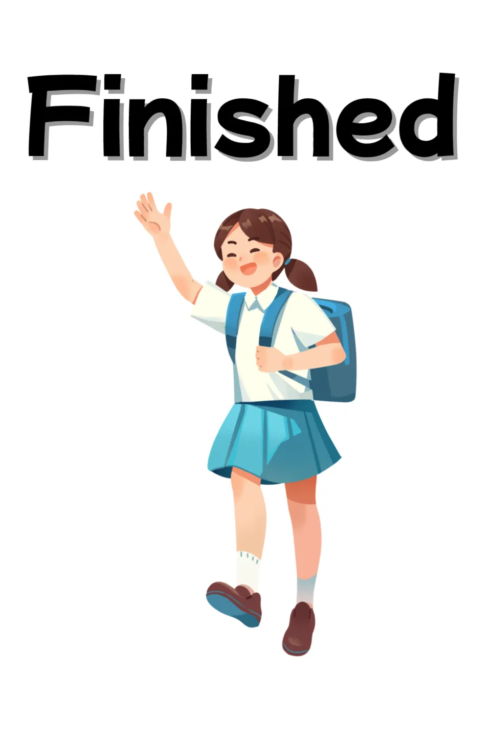 Finished card for signaling that a task is done: a smiling schoolgirl with a blue backpack waves as she walks away
