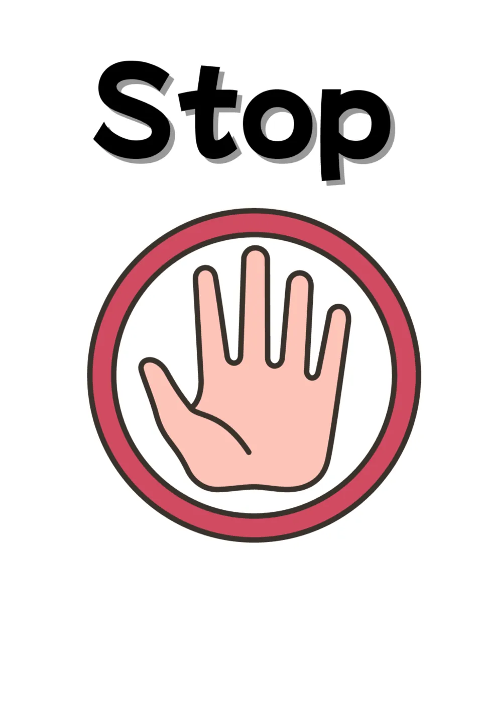 Stop card for telling others to stop: an open palm raised inside a red circle, shown under the bold word Stop