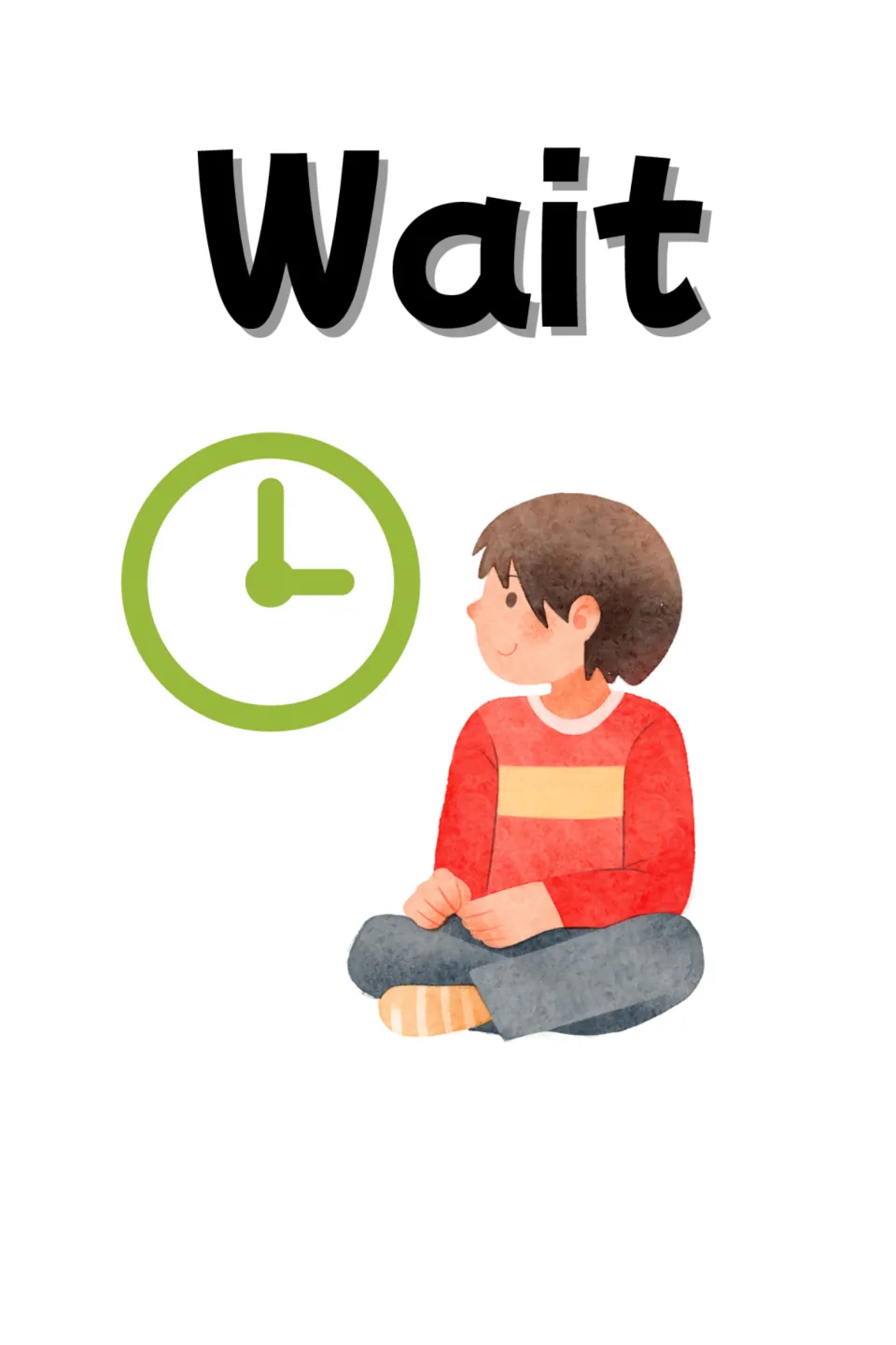 Wait card for practising waiting: a boy in a red sweater sits cross-legged and looks up at a green clock face