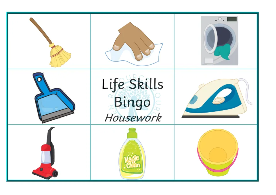 Housekeeping bingo board 1: broom, cloth, washing machine, dustpan, iron, vacuum, dish soap and bucket