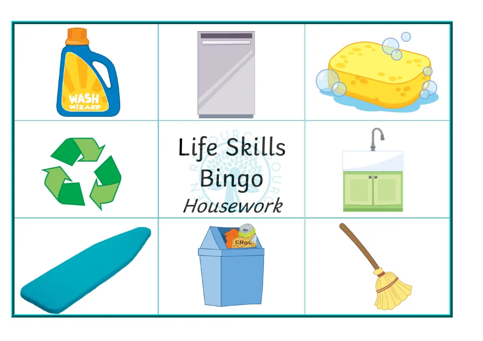 Housekeeping bingo board 2: detergent, dishwasher, sponge, recycling, sink, ironing board, bin and broom