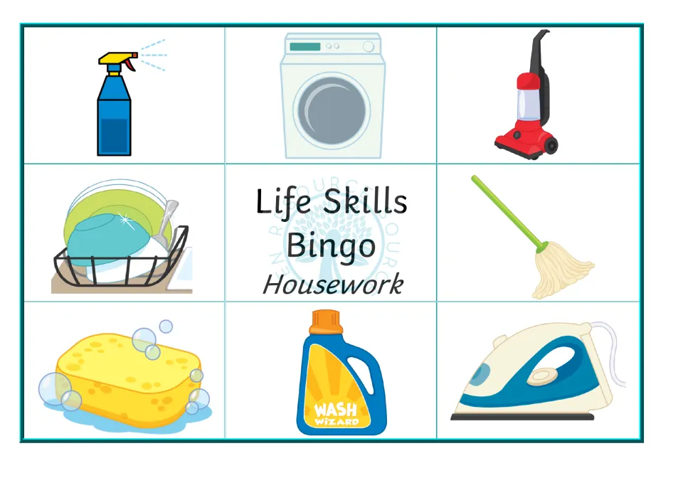 Housekeeping bingo board 3: spray bottle, dryer, vacuum, dish rack, mop, sponge, detergent and iron