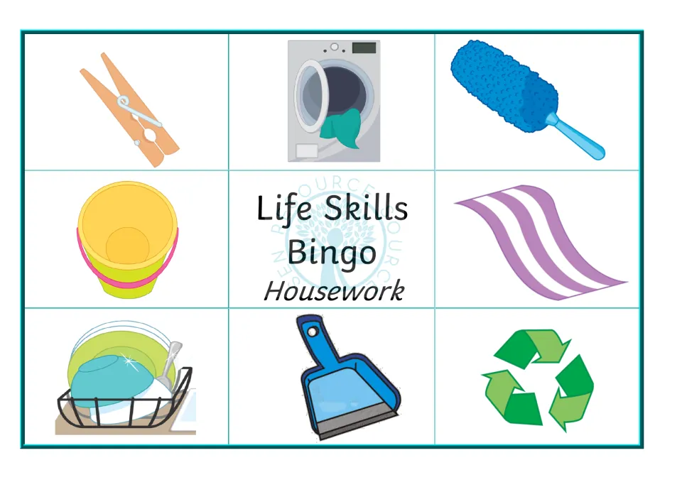 Housekeeping bingo board 4: clothespin, washing machine, duster, bucket, cloth and three more pictures