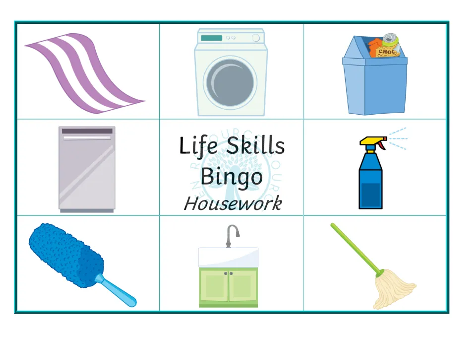 Housekeeping bingo board 5: cloth, dryer, bin, dishwasher, spray bottle, duster, sink and mop pictures