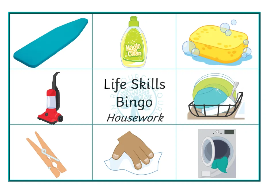 Housekeeping bingo board 6: ironing board, dish soap, sponge, vacuum, dish rack and three more pictures