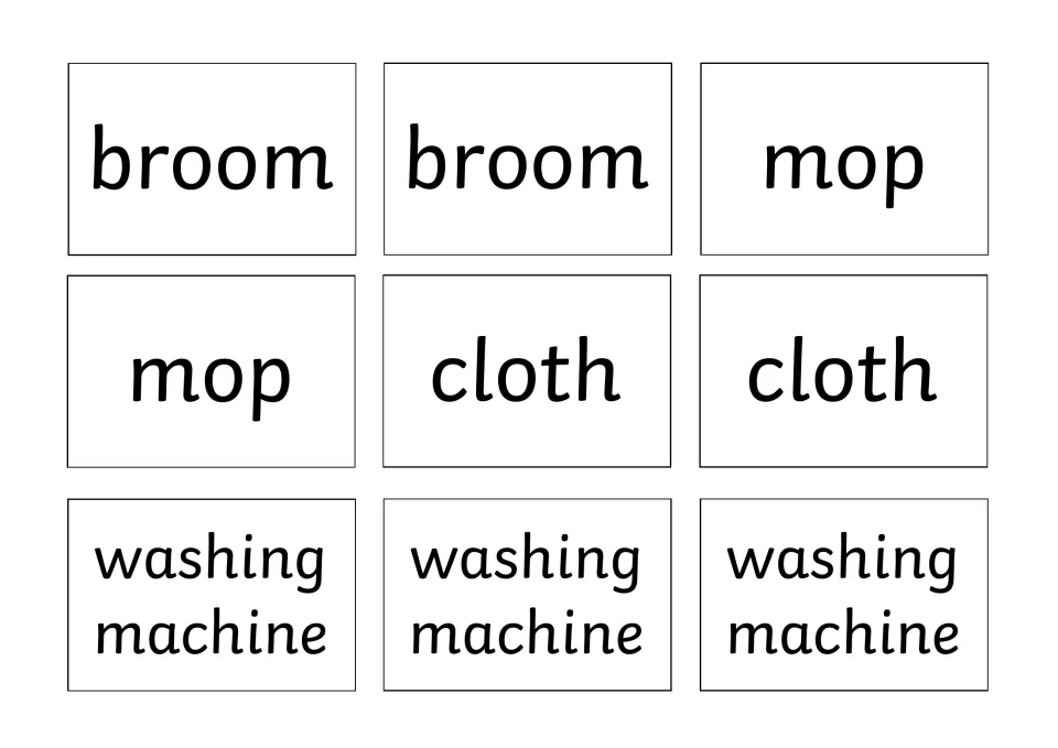 Housekeeping vocabulary cards: broom, mop and cloth each printed twice, plus washing machine printed three times