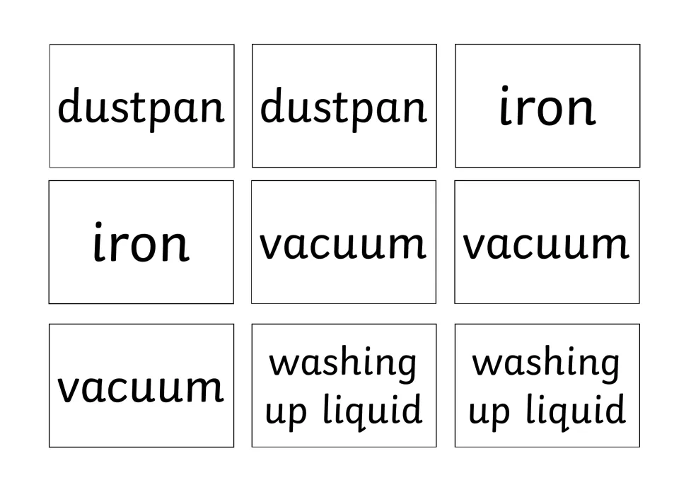 Housekeeping vocabulary cards: dustpan, iron and washing up liquid each printed twice, plus vacuum three times