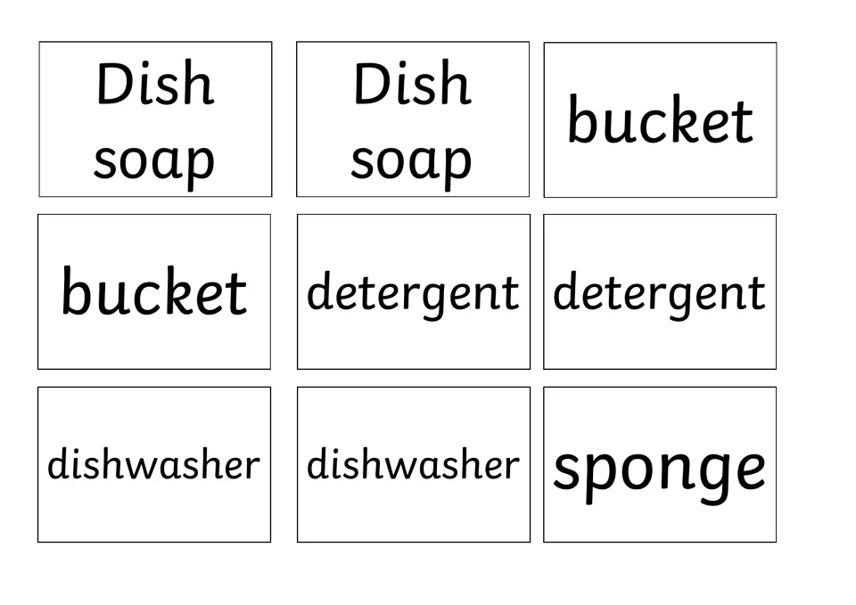Housekeeping vocabulary cards: dish soap, bucket, detergent and dishwasher each printed twice, plus sponge
