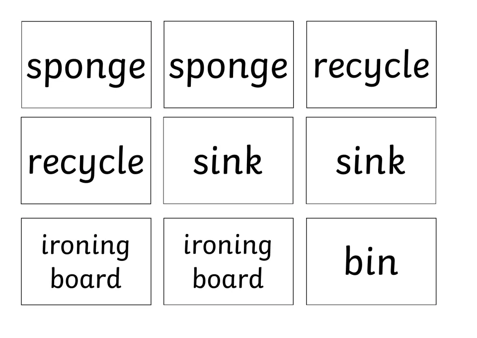 Housekeeping vocabulary cards: sponge, recycle, sink and ironing board each printed twice, plus bin