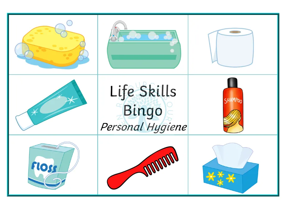 Personal hygiene bingo board 1: pictures of sponge, bath, toilet roll, toothpaste, shampoo, floss, comb and tissues