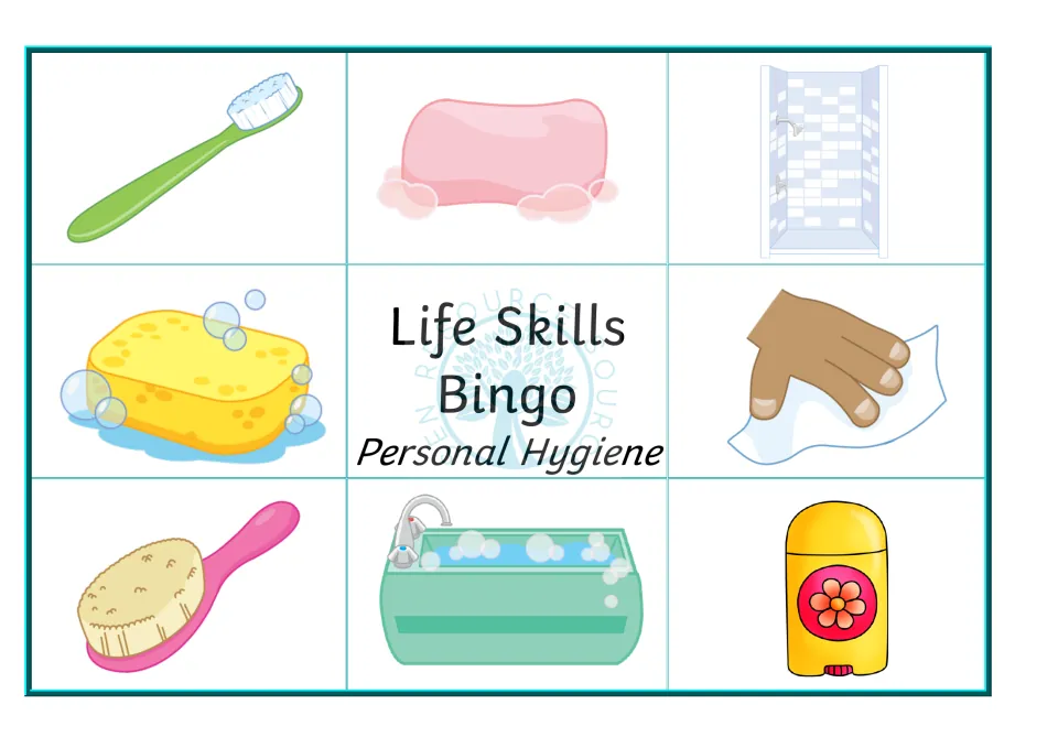 Bingo board 2 for hygiene items: toothbrush, soap, shower, sponge, hand with tissue, hairbrush, bath and deodorant