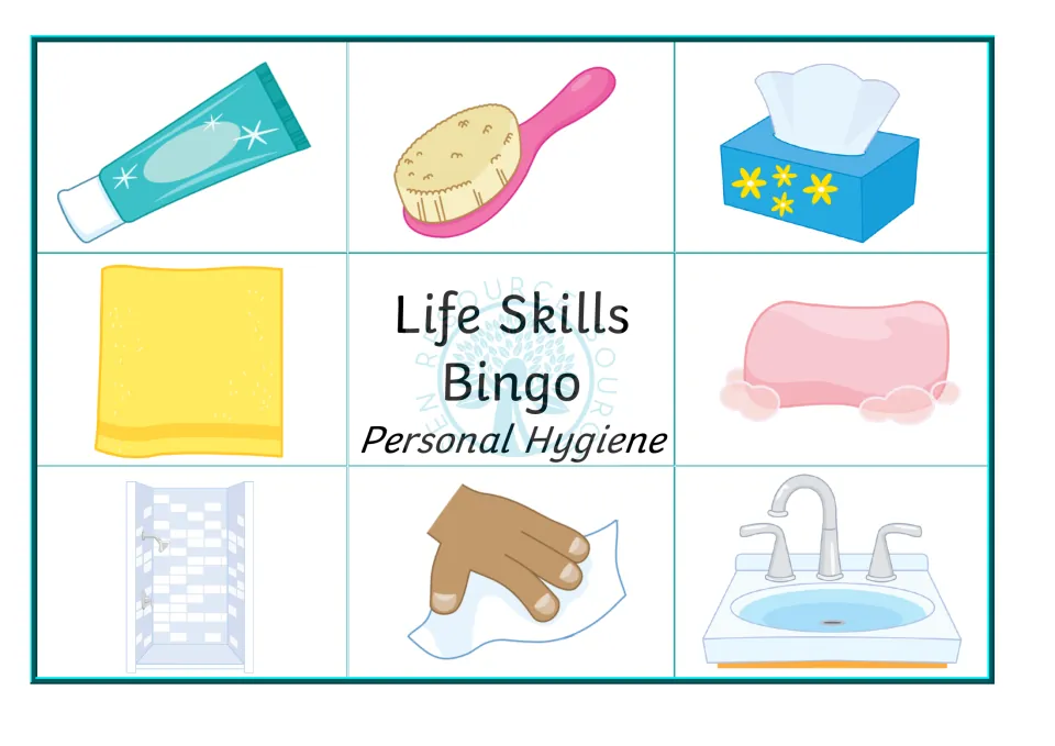 Bingo card 3: students match pictured toothpaste, hairbrush, tissues, towel, soap, shower, hand wipe and sink