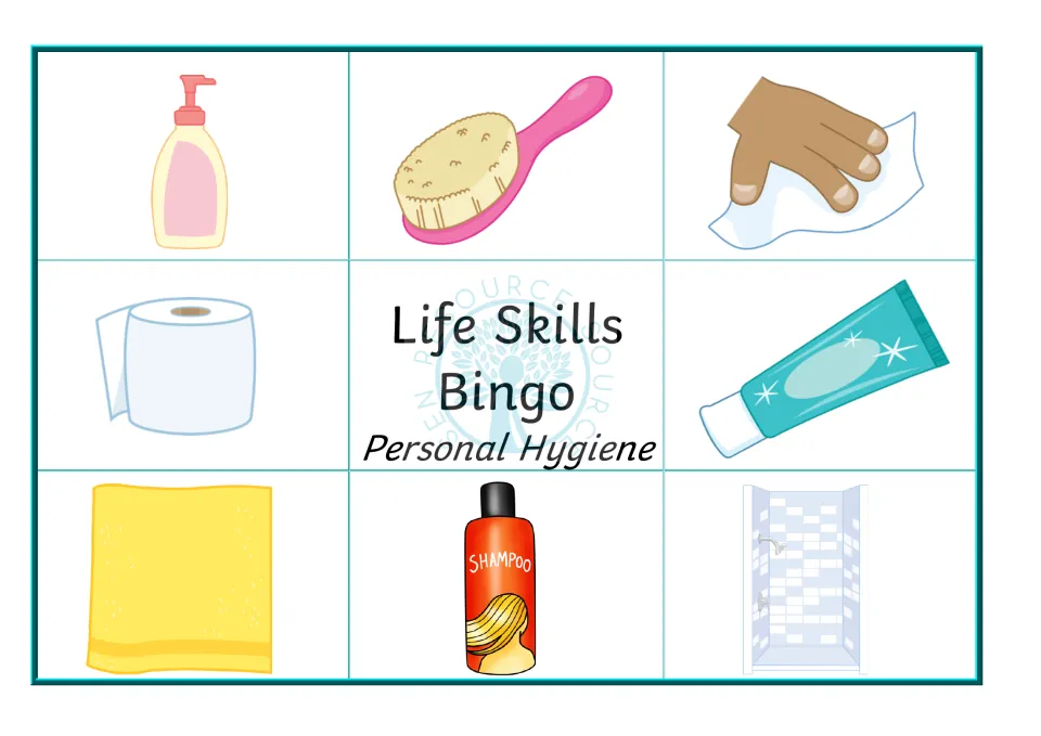 Board 4 of the bingo set shows hand soap, hairbrush, hand wipe, toilet roll, toothpaste, towel, shampoo and shower