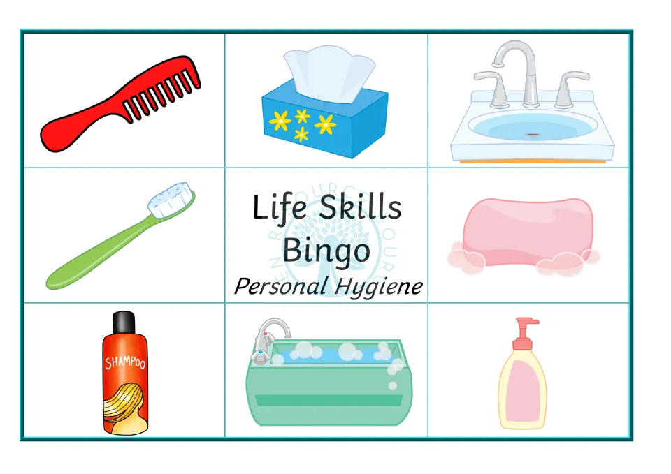 Fifth picture bingo board: comb, tissue box, sink, toothbrush, soap bar, shampoo, bathtub and pump soap to mark